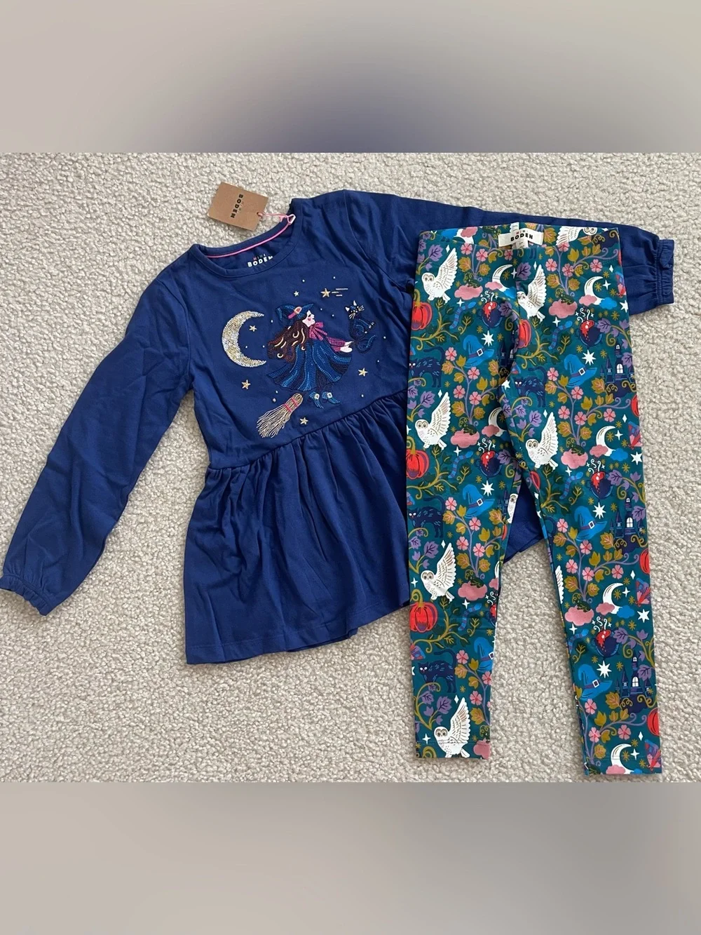 NWT Mini Boden Girls 2pc Tunic & Leggings Set Witch Halloween Blue 6-7y